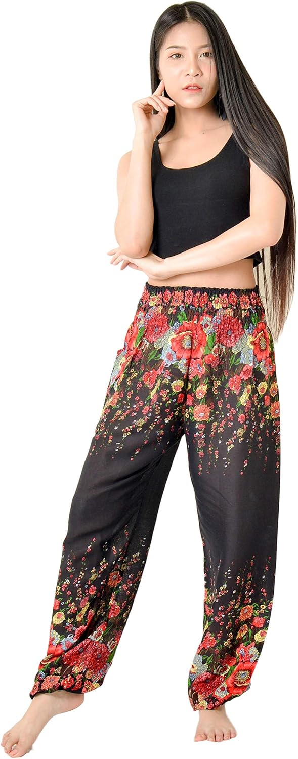 Orient Trail Smocked Waist with Elastic Cuffs Scrunched Bottom Tribal Elephant Harem Pants US Size 0-22