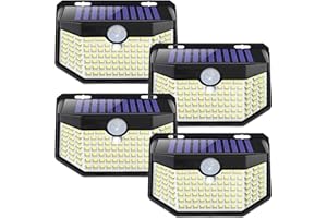 HMCITY Solar Lights Outdoor 120 LED 3 Lighting Modes,Motion Sensor Wall Lights, IP65 Waterproof Solar Powered Wall Lights for Garden Deck Lights (Front Button 4Packs, Daylight White, 6000K)