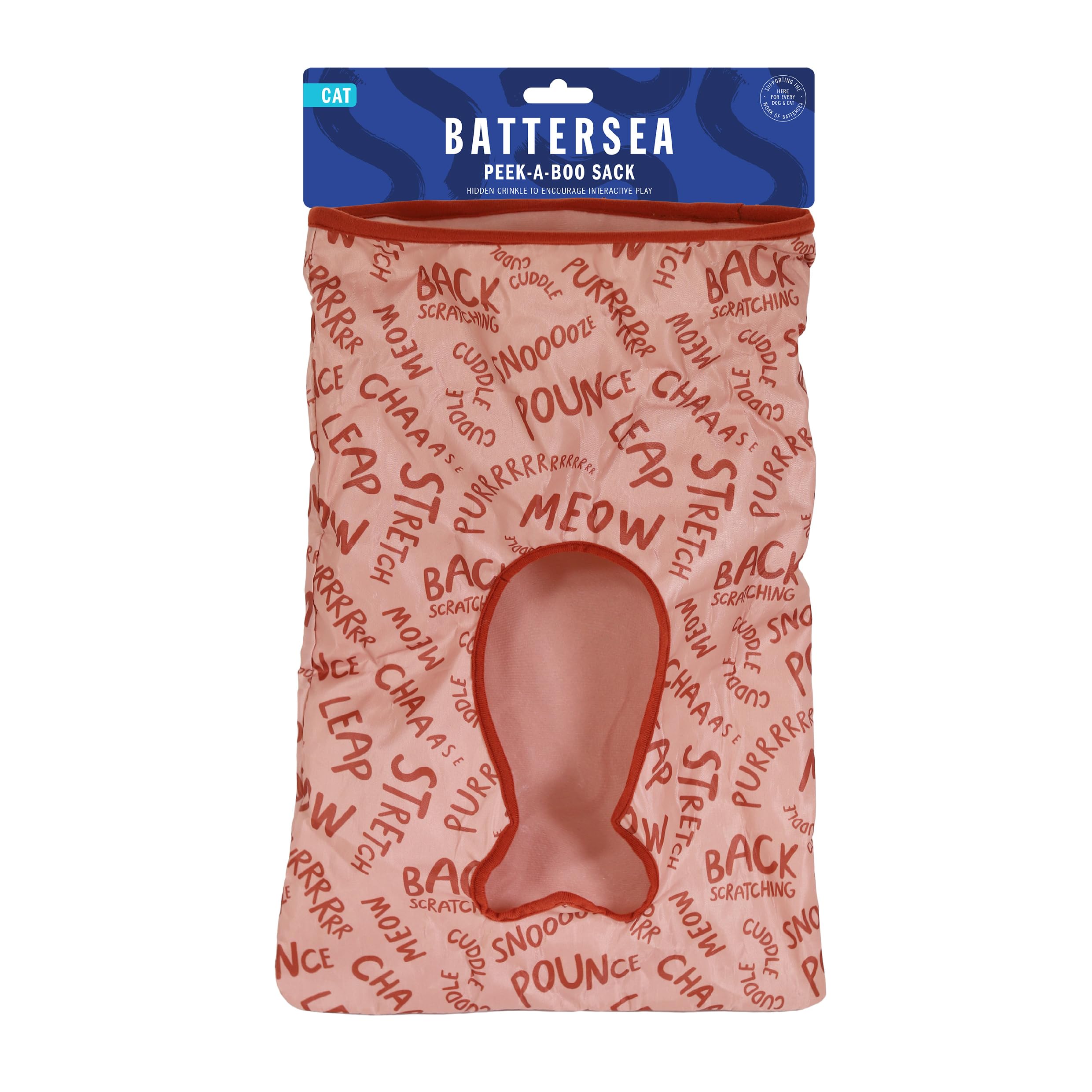 Rosewood Battersea Peek-A-Boo Crinkle Cat Toy, Tunnel Sack, Pink, Battersea Print Textured Cat Toy, 34cm x 23cm x 50cm