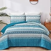 WONGS BEDDING Boho Queen Quilt Set, Teal and Blue Bohemian Quilt Bedding Set, Lightweight Bed Decor Bedspread for All Season Reversible Microfiber Coverlet Bedding Set 96"x90"(3 Pieces)