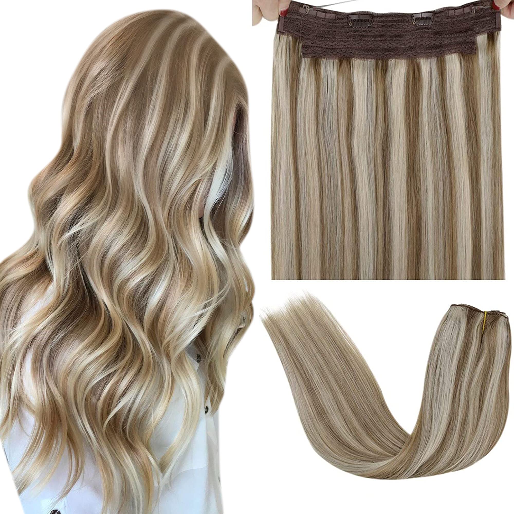LaaVoo Human Hair Extensions Highlight Light Brown & White Blonde Real Remy Hair Invisible Wire Undetectable 100% Real Straight Hair Extensions Long-Lasting 100g 20 Inch #p8/24
