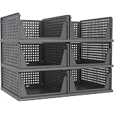 Pinkpum 6 Pack Closet Organizer Storage Bins Stackable Plastic Drawer Shelf | Basket for Clothing Stackable Storage Bins Shelf Storage Container for Closet Wardrobe Bedroom Bathroom Office Black Foldable