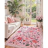 Macgace Pink Floral Rug for Girls Bedroom, 4x6 Machine Washable Area Rugs with Non Slip Backingfor Living Room, Cute Flowers Carpet Kitchen Dining Room Kids Playroom Decor