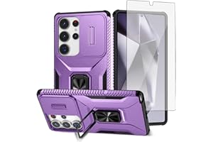 Asuwish Phone Case for Samsung Galaxy S25 Ultra 5G with Slide Camera Cover Tempered Glass Screen Protector Ring Holder Stand 