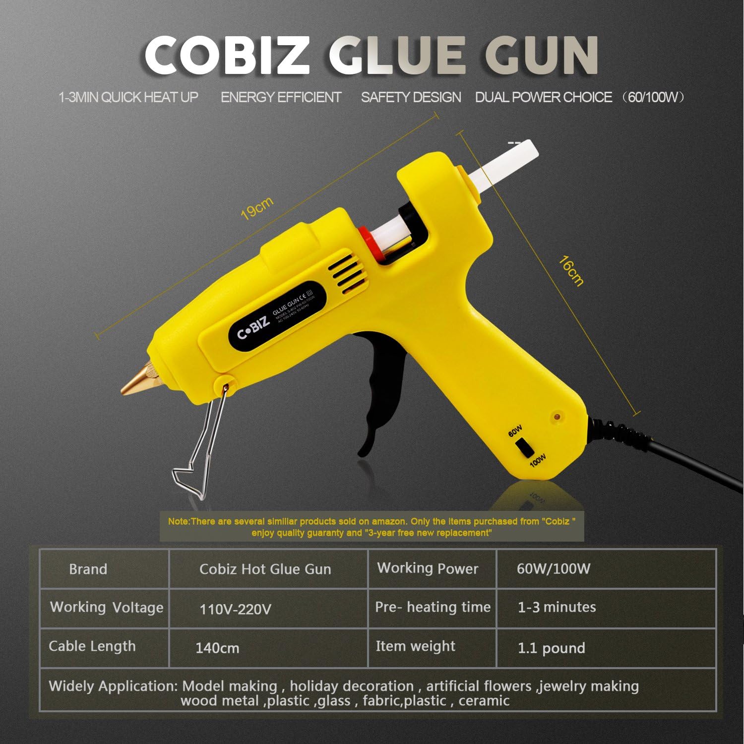 Hot Glue Gun, Cobiz Full Size (Not Mini) 60/100W Dual Power High Temp Heavy Duty Melt Glue Gun Kit with 10 Pcs Premium Glue Sticks(0.43'' x 8") for Arts & Crafts Use,Christmas Decoration/Gifts: Home Improvement