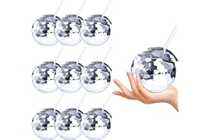 URMONA Disco Ball Cups, 9 Pack, Silver Disco Party Cups with Lid and Straw, Tumbler Disco Flash Ball Cups, Bachelorette Party Cups, Disco Glitter Cocktail Ball Cups for Nightclub Bar Decor