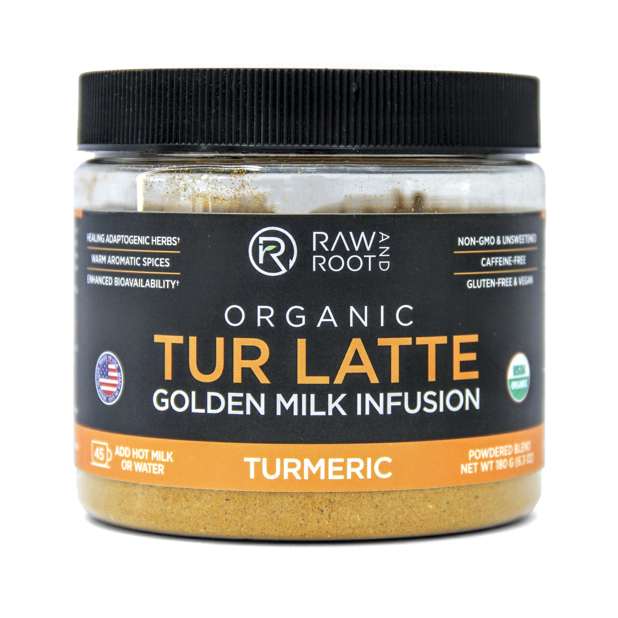 TUR LATTE - USDA Certified Organic Turmeric Latte Mix - 45 servings (6.3 oz) - by RAW AND ROOT - Makes Turmeric Golden Milk - Anti-Inflammatory, USDA Organic, Non GMO, Vegan, Gluten-free, Unsweetened