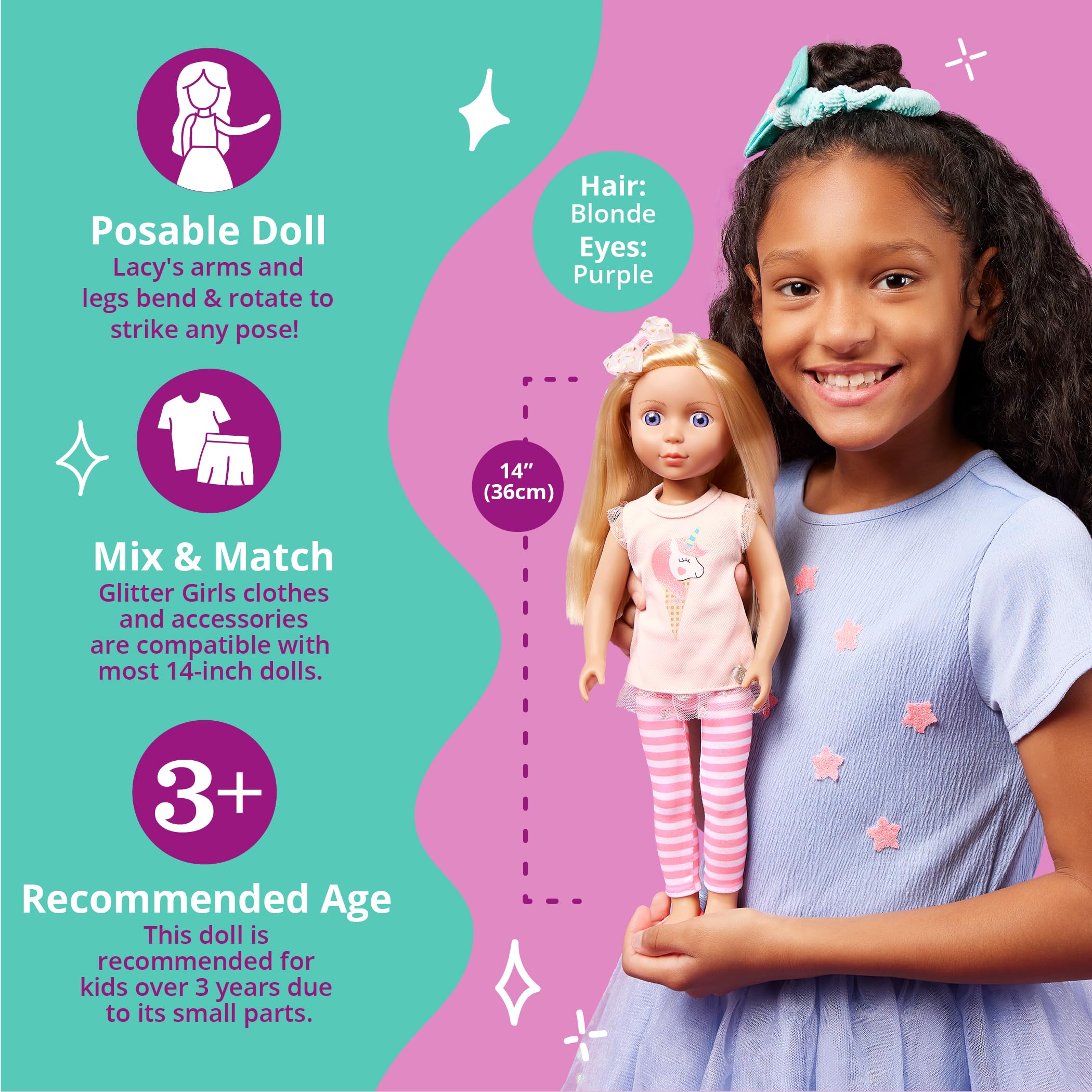 Glitter Girls – 14-Inch Fashion Doll - Blonde Hair & Blue Eyes - Pink Tunic, Striped Leggings, Hair Bow & Ballet Shoes – Dolls For 3+ Years Year Old Girls – Lacy