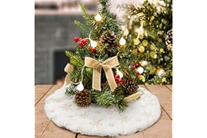 DegGod Plush Christmas Tree Skirts, 24 inches Luxury Snowy White Faux Fur Small Xmas Tree Base Cover Mat with Gold Snowflakes for Xmas New Year Home Party Decorations