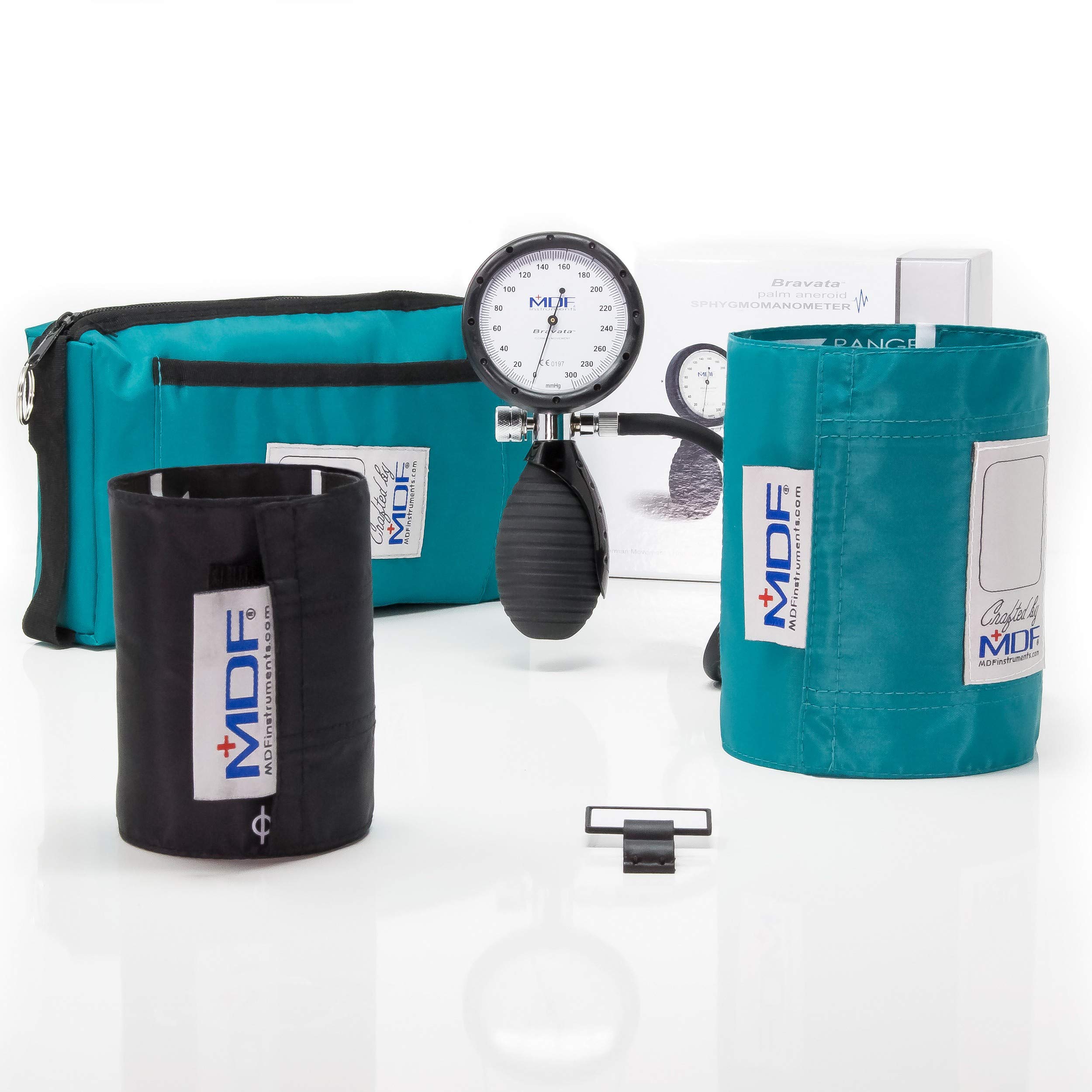 MDF Instruments, Bravata Palm Aneroid Sphygmomanometer - Professional Blood Pressure Monitor with Adult & Pediatric Cuff Size Included, Teal, MDF848XPD-16