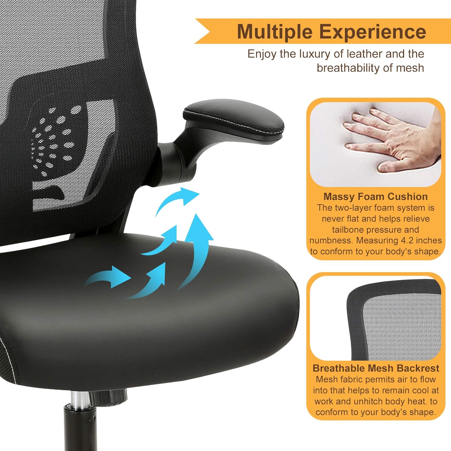 SAMOFU Office Chairs, Ergonomic Desk Chair Executive Chairs with Soft Seat and Mesh Backrest, High Back Swivel Computer Chair with Adjustable Lumbar Support, Flip-up Armrests: Kitchen & Dining