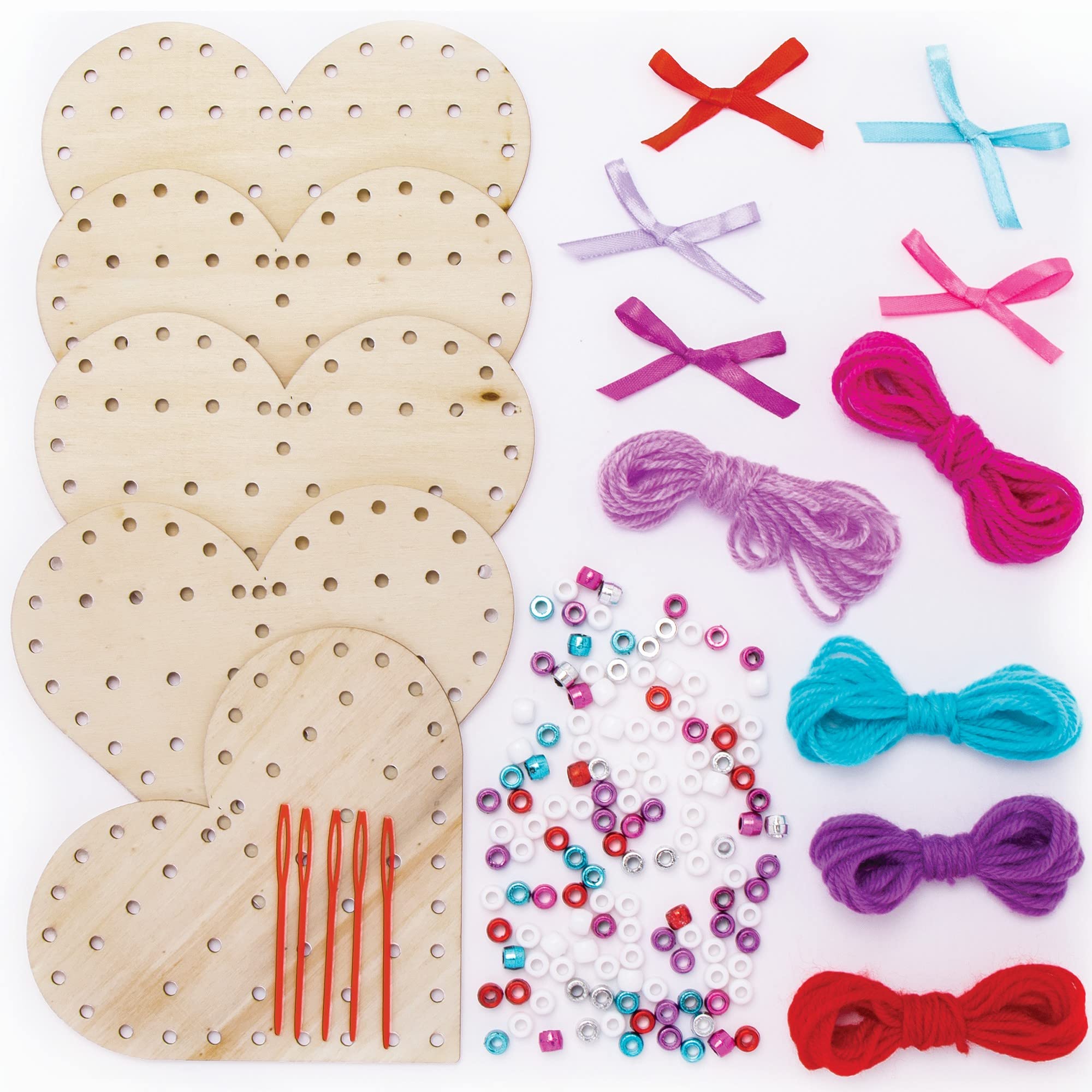 Baker Ross Heart Cross Stitch Wood Craft Kits - 5 Pack, Introducing Sewing and Cross Stitch for Kids for Valentine's Day (FC425), Assorted