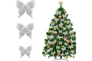 Fukaisu 36pcs Silver Christmas Tree Butterfly Decorations, 3D Glitter Hollow Butterfly Ornaments with Clips for Xmas Tree (3 