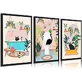 3pcs Black Cat Bathroom Canvas Wall Art Green Plants Black Cat Posters Prints Funny Cute Vintage Cats Wall Decor Pictures for Bathroom Toilet Decoration Unframed