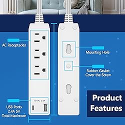 LIDER Outlet Extender with 3 Receptacles, 12W USB