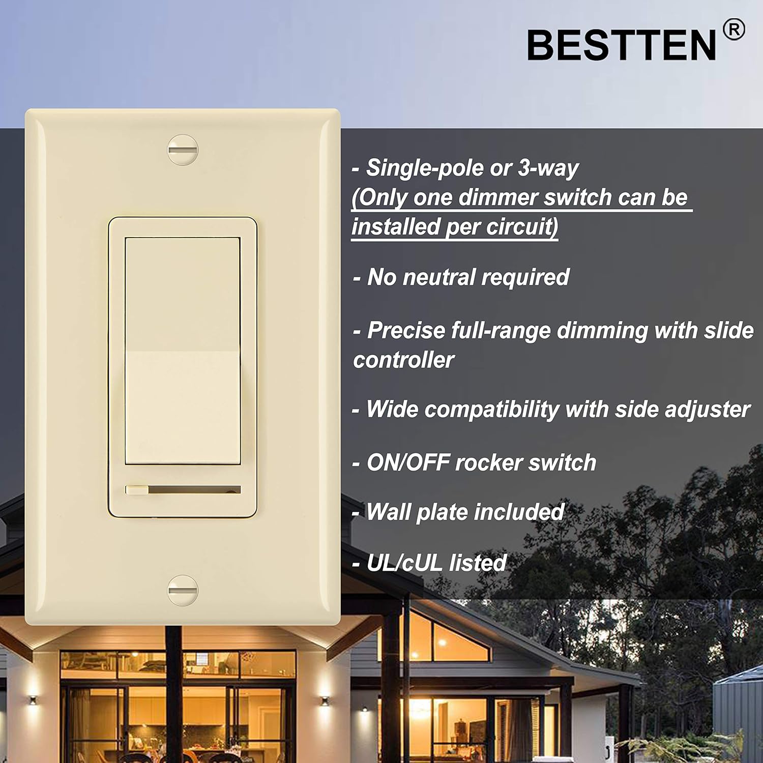 [2 Pack] BESTTEN Dimmer Wall Light Switch, Single-Pole or 3-Way, Compatible with Dimmable LED, Incandescent, Halogen and CFL Bulbs, Wall Plate Included, UL Listed, Ivory: Industrial & Scientific