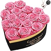 Casaido Preserved Roses Flowers for Delivery 16 Pcs, Vanlentines Day Gifts for Her, Forever Flores in Heart Box with Necklace, Anniversary Birthday Christmas Rose Gift for Women Wife Girlfriend, Pink