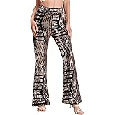 ODIZLI Womens Bell Bottom Sparkle Sequin Flare Pants Elastic High Waisted Bling Glitter Dance Pants