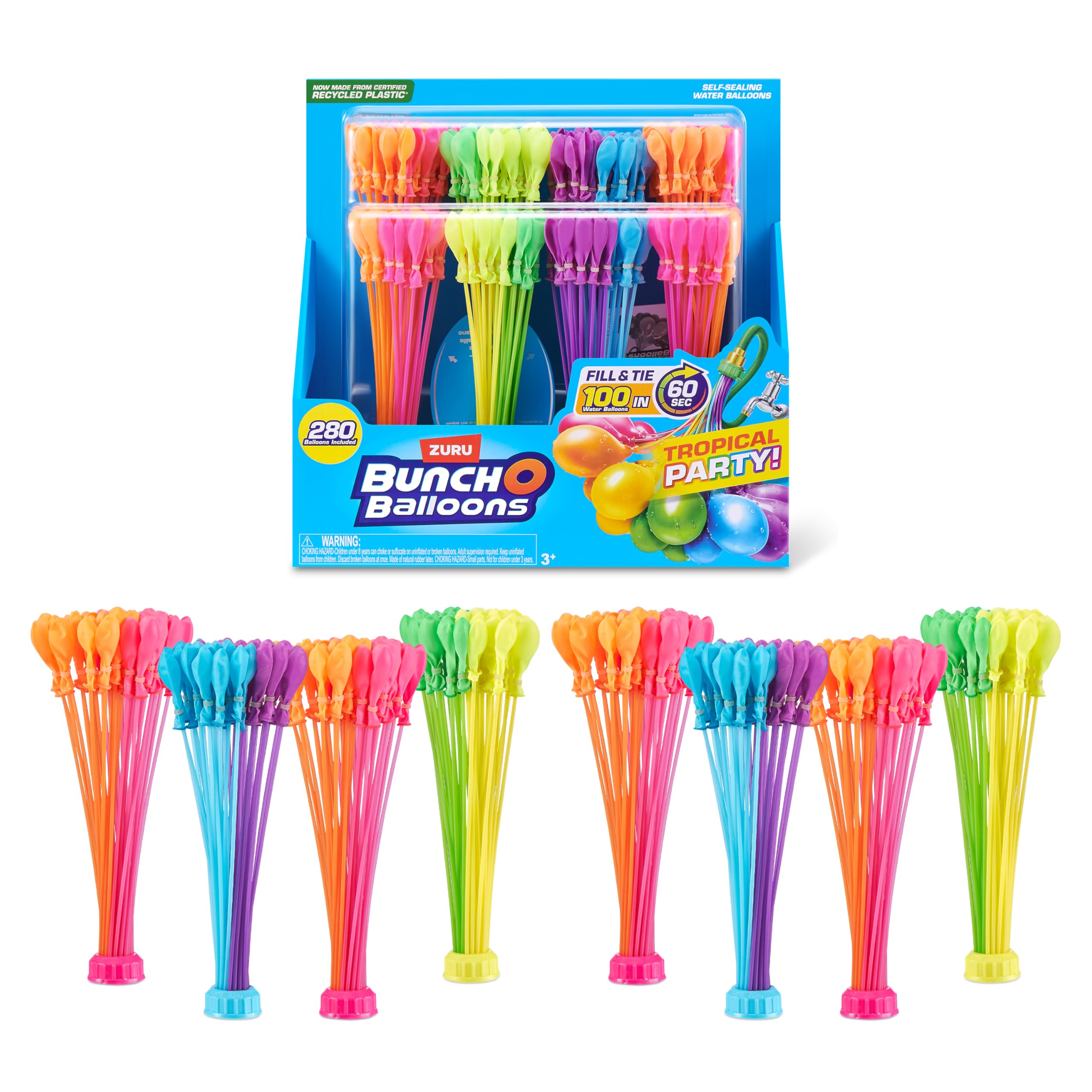 Bunch O Balloons Tropical Party 280 Rapid-Filling Self-Sealing Water Balloons (8 Pack) by ZURU Water Balloon for the Whole Family, Kids, Teens and Adults