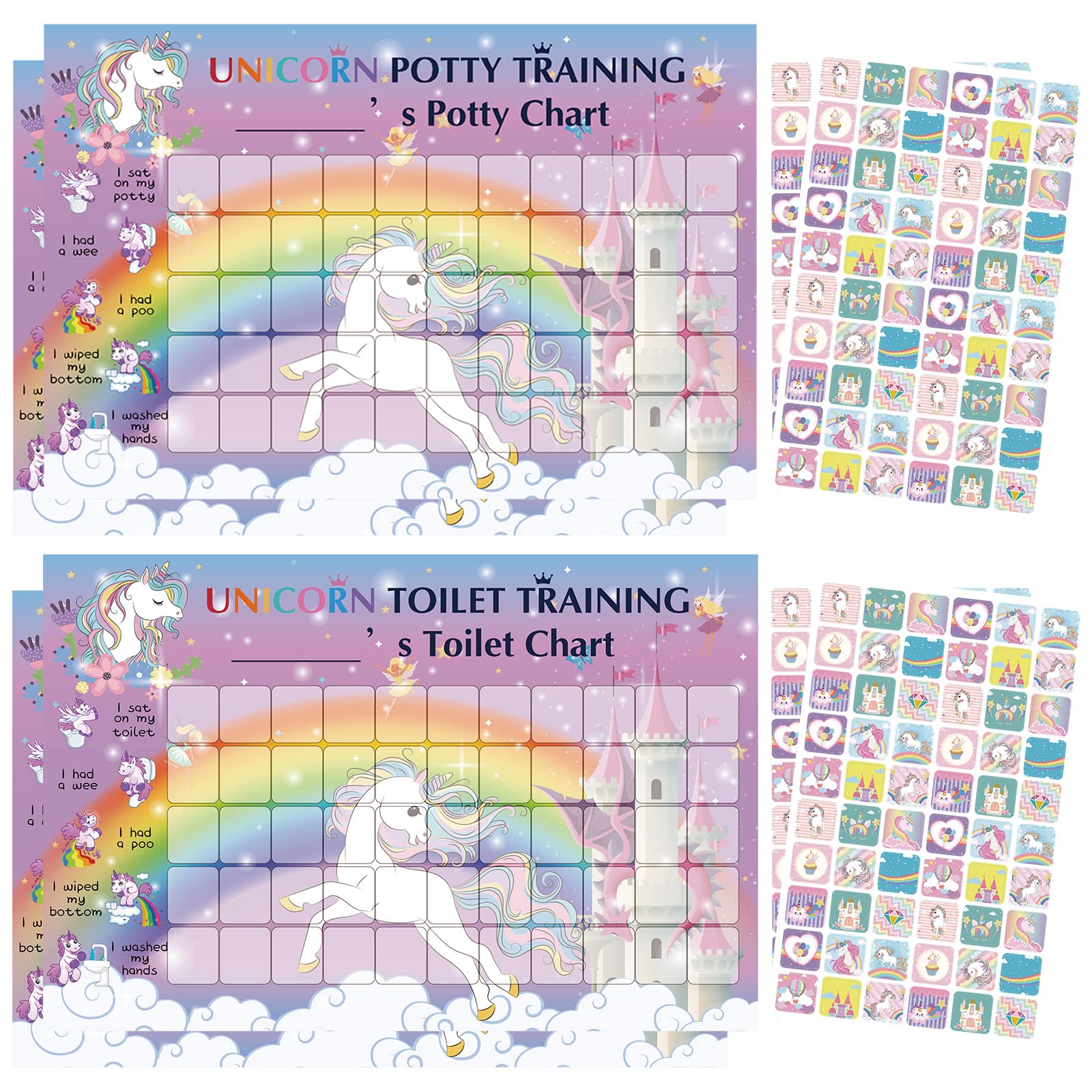 Clabby 8 Pieces Unicorn Potty Training Reward Chart with Stickers Include 4 Pcs Unicorn Potty Training Charts 4 Sheets/ 240 Pcs Reward Chart Reusable Rainbow Stickers for Good Habits Behavior Routine