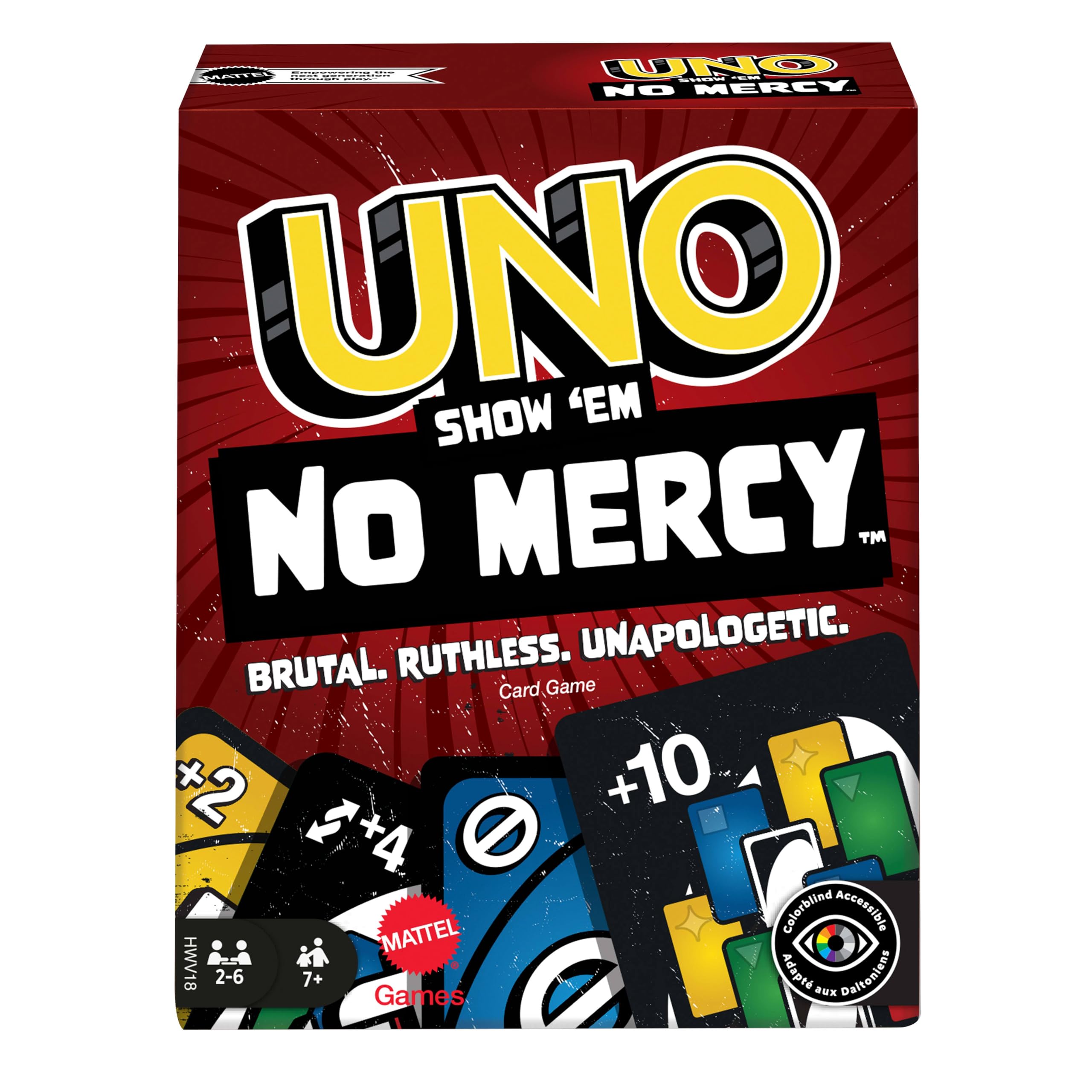 UNO Show 'em No Mercy - 56 zusätzliche Karten, Harte Aktionskarten und brutale Spielregeln für die gnadenloseste Version von UNO, Stapelregel und Handkartentausch, ab 7 Jahren, HWV18
