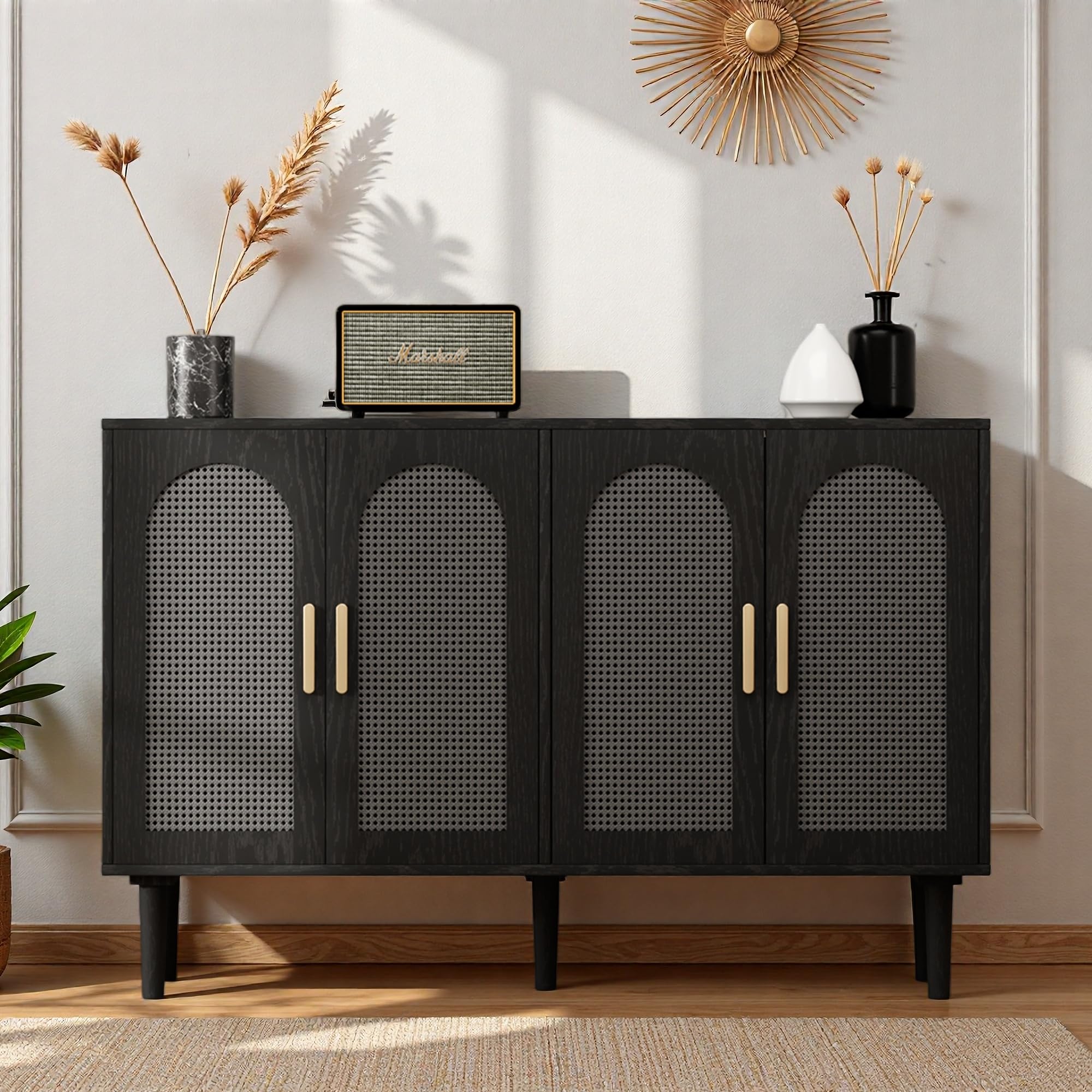 Photo 1 of Trygoal Modern Rattan-Door Sideboard Cabinet – 4-Door Credenza Buffet with Ample Storage, Large Accent Cabinet for Entryway, Living Room, Dining Room & Kitchen, Black & Grey