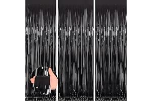 KEYALI 3 Pack 3.3 * 8.3 ft Foil Curtain Metallic Tinsel Fringe Curtains Photo Booth Props Backdrop for Birthday Wedding Engagement Baby Shower Christmas Holiday Celebration Party,Black