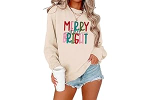 YALUCOR Merry Christmas Sweatshirts Women Merry And Bright Christmas Pullover Top Chenille Patch Letter Printed Xmas Gifts Top