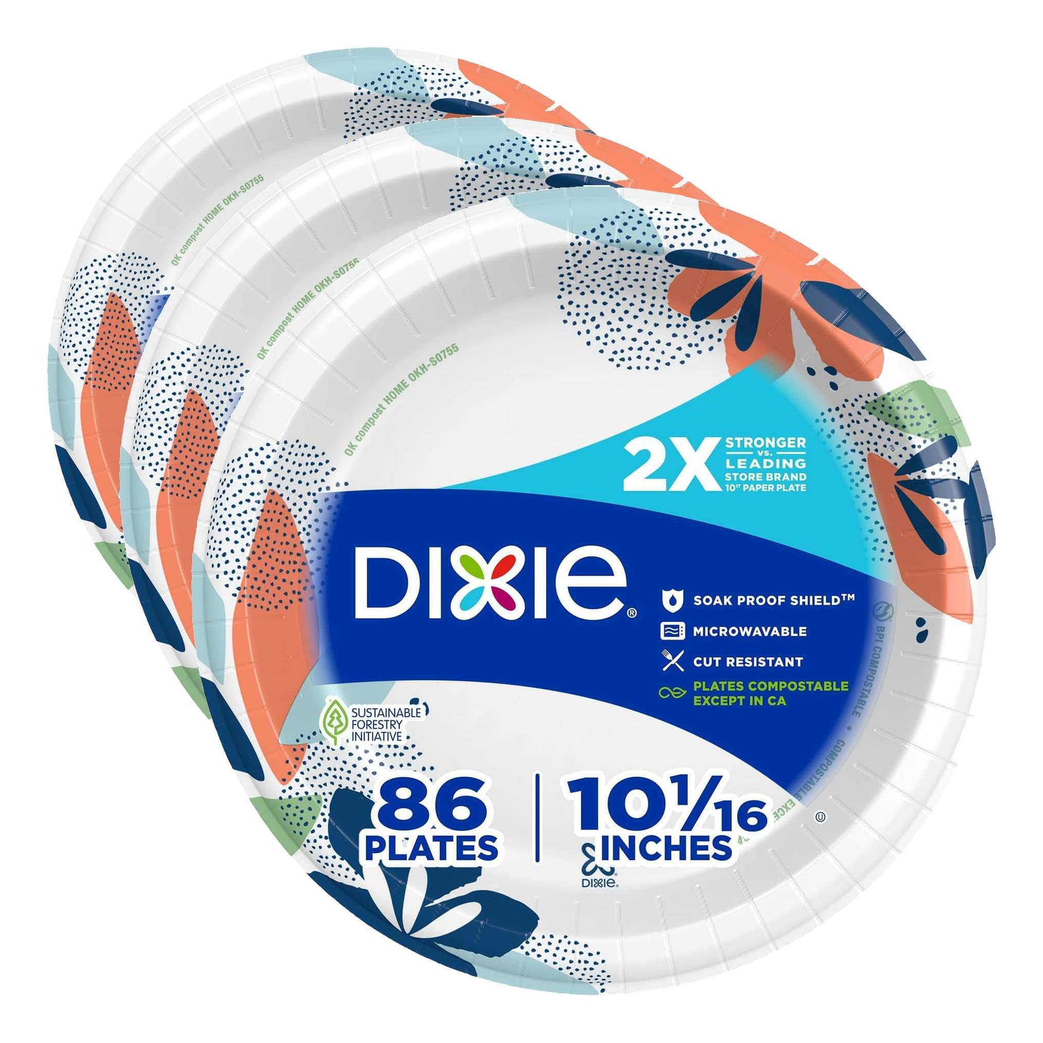Dixie Paper Plates, Large 10 Inch | 2X Stronger | Microwave-Safe | Soak-Proof | 86 Count, Pack of 3