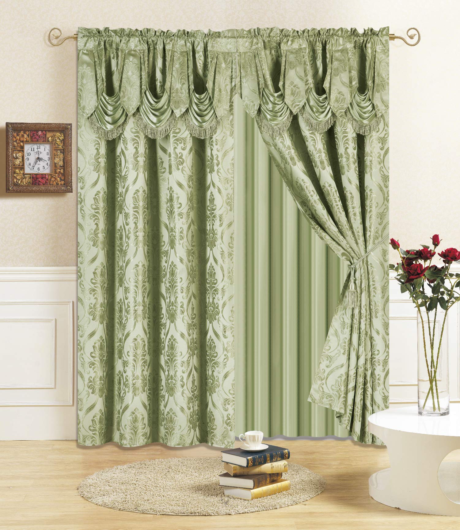 All American Collection New 4 Piece Drape Set with Attached Valance and Sheer with 2 Tie Backs Included (84" Length, Sage)