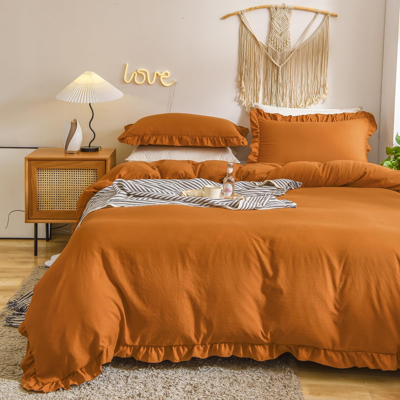 Herside Burnt Orange Duvet Cover Set Double Ruffle Bedding Solid Ruffled Fringe Shabby Chic Bedding Sets 1 Boho Duvet Cover 2 Pillowcases (Burnt Orange,Double) — image 1