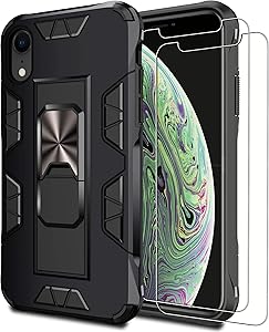 JAME Designed for iPhone XR Case with Screen Protector 2pcs, Protective Case Cover with Metal Magnetic Stand, Military Grade Drop Tested Phone Case for iPhone Pro XR 6.1 inch 2019 -Black