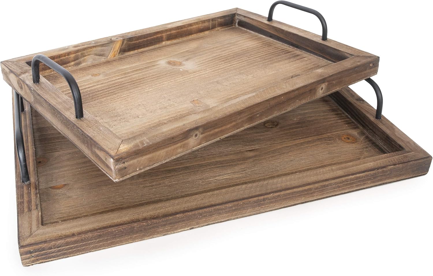  | Besti Rustic Vintage Food Serving Trays (Set of 2) | Nesting Wooden Board with Metal Handles | Stylish Farmhouse Decor Serving Platters | Large: 15 x2 x11" - Small: 13 x2 x9" inches (Rustic Burnt): Serving Trays