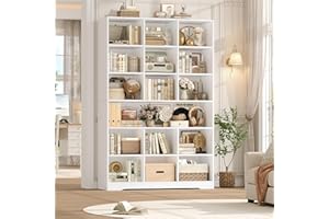 FINETONES 76” Tall Bookshelf with Storage, 6 Tier White Bookcase with 16 Open Display Shelves, Triple Wide Large Bookshelves 
