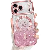 Bonoma Compatible with iPhone 17 Pro Case 2025 Support for MagSafe, Plating Heart Glitter Magnetic Case TPU Camera Protection Back Cover for Phone Case -Pink