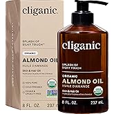 Cliganic Organic Sweet Almond Oil, 100% Pure (8oz) - for Skin & Hair, Nourishing Carrier Oil for Face & Body