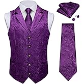 DiBanGu Men's Silk Paisley Suit Vest and Tie Set Notch Lapel Dress Waistcoat for Tuxedo Wedding Party, Dark Purple, L