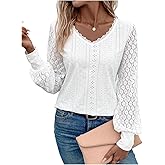 SweatyRocks Women's Lace Eyelet V Neck Tops Casual Long Sleeve Shirts Going Out T Shirts