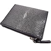 Pelgio Genuine Polished Stingray Shagreen Skin Leather Zip Bifold Wallet (Black)