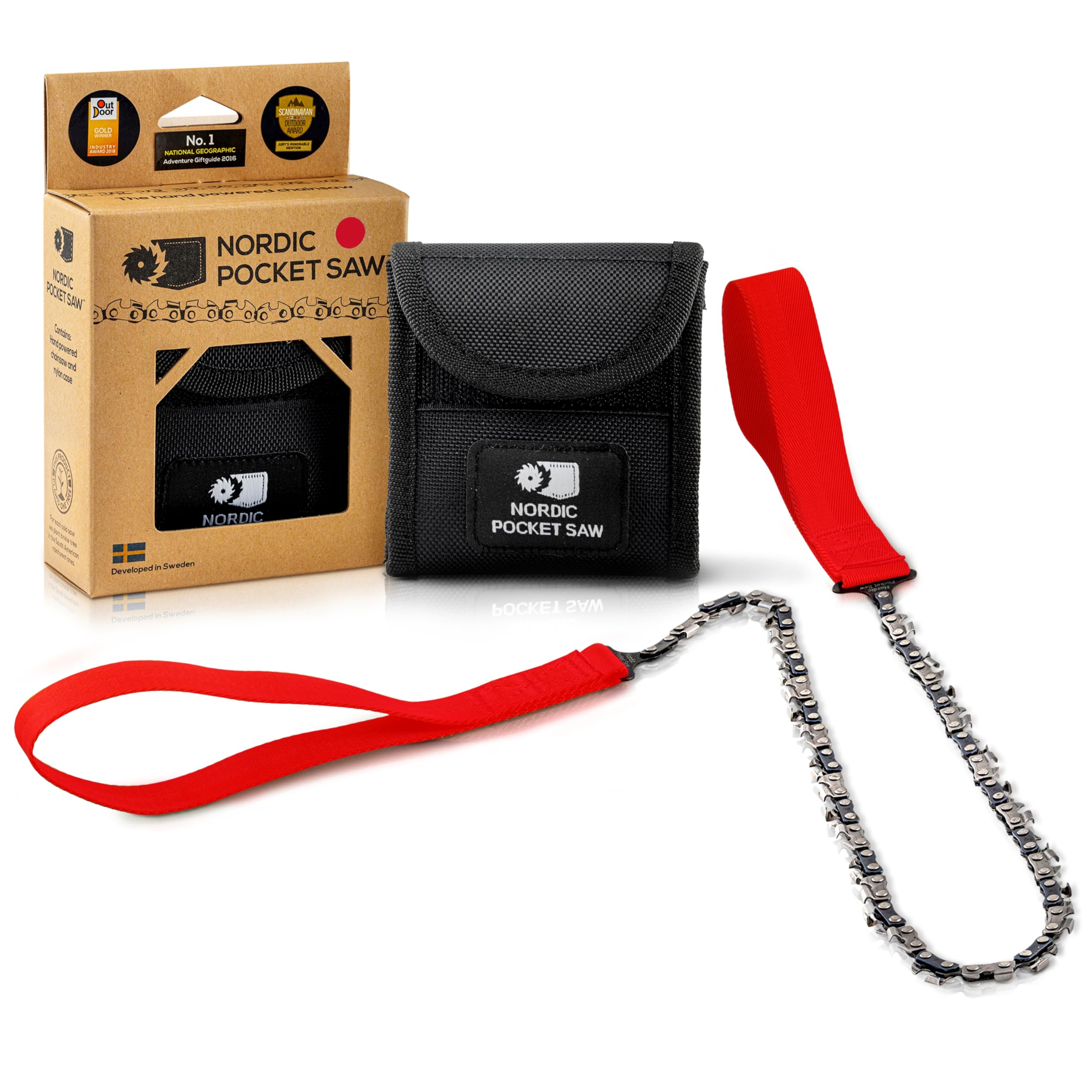 Nordic Pocket Saw for Camping - 65 cm Pocket Chainsaw with 33 Bi-Directional Teeth - Handy Backpacking Saw with Extra Large Nylon Handle Loops - Survival Chainsaw for Clearing Trails