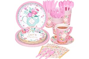 DECORLIFE Tea Party Supplies Serves 16, Tea Party Plates and Napkins Sets Include Paper Saucers, Teacups with Handles, Tableware for Girl's Birthday, Tea Party Decorations, Total 128 PCS