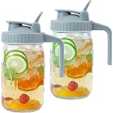 Mason Jar Pitcher Wide Mouth 2 Pack 32 OZ Glass Jars With Pour Spout Lids Airtight Leak-proof 1 Quart Water Pitcher With Handle For Iced Tea, Milk, Sun Tea, Lemonade, Iced Coffee