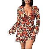 BEAUDRM Women's Plus Size Hippie Vintage Mini Dresses Boho Floral Long Bell Sleeve Dress Deep V Neck A Line Dresses
