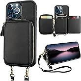 Bocasal RFID Blocking Wallet Case for iPhone 13 Pro, Adjustable Crossbody Zipper Purse Case Card Holder with Kickstand Detachable Wrist Strap, PU Leather Flip Folio Case 6.1 Inch 5G (Black)