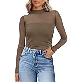 Womens Sexy Mesh Long Sleeve Shirts Fashion Clothing Turtle Necks Sheer Ruched Going Out Tops Fall Outfits Slim Fit Blouses