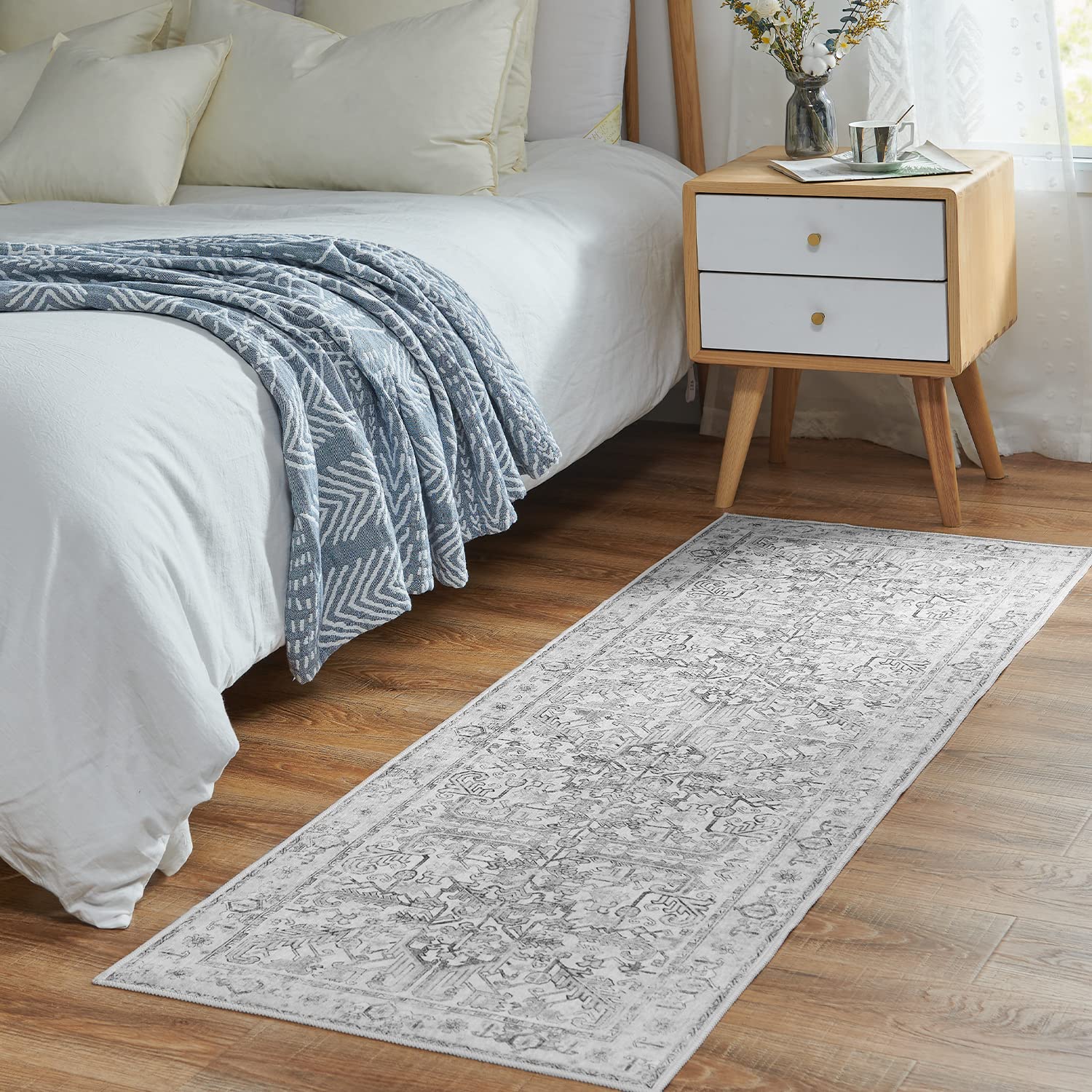 TOPICK Runner Rug 60x180cm Hallway Runner Vintage Washable Grey Rug Foldable Carpet Non Slip Lightweight Carpet for Kitchen Dining Room Living Room Bedroom