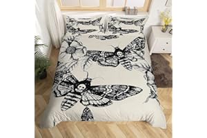 EROSEBRIDAL Skull Comforter Cover Set Queen Size Moth Printed Gothic Style Duvet Cover For Teen Boys Kids Sugar Skull Pattern Botanical Floral Decor Gray White Black Soft Microfiber Bedding Set With Zipper Ties