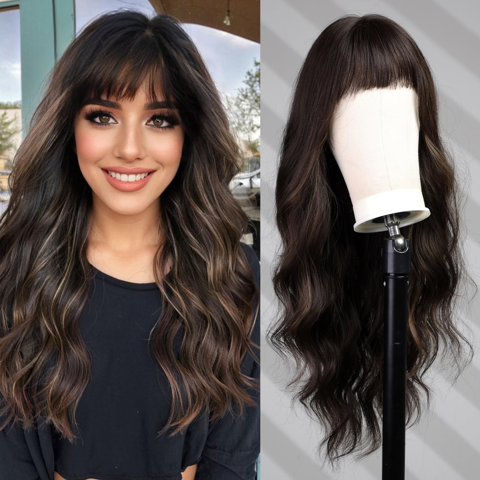 WOKESTAR Long Dark Brown with Highlights Wigs for Women Synthetic Hair Wavy Wig with Fringe