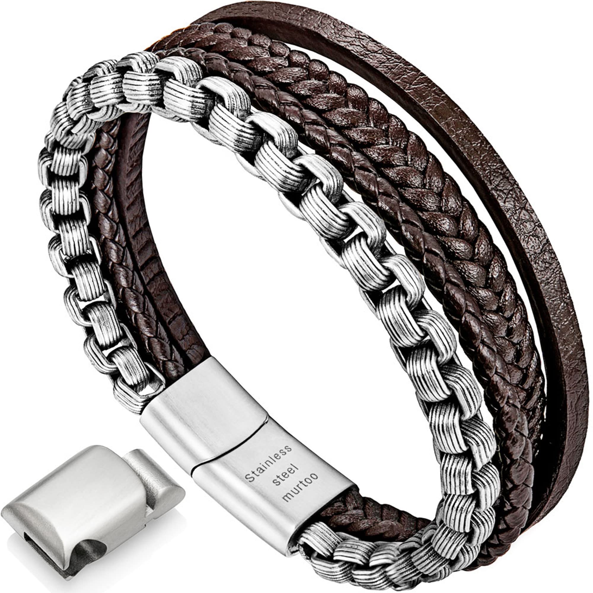 Murtoo Men's Leather Bracelet - Brown Black Leather, 316L Stainless Steel Chain, Gift (Silver Brown, 8.5'')