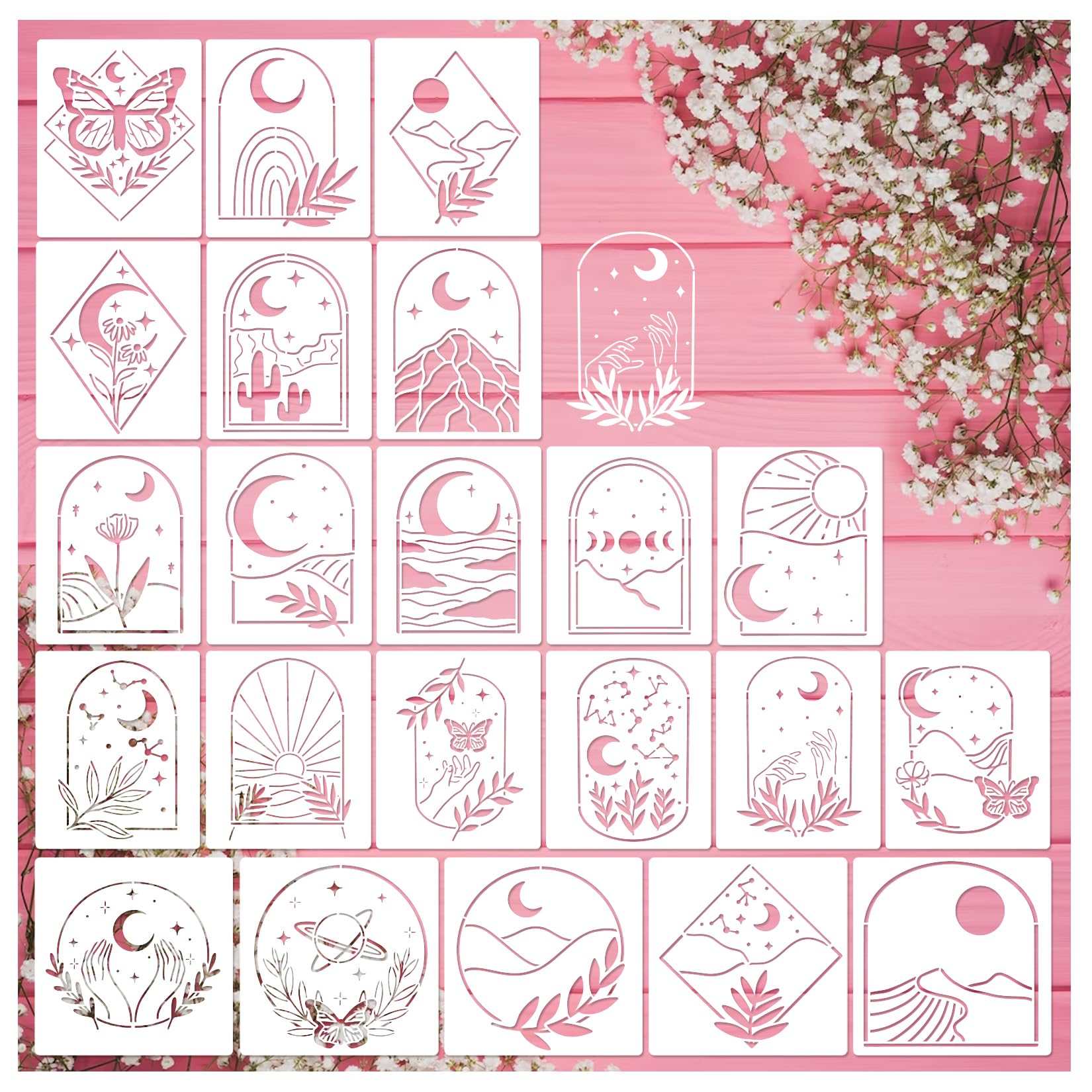Boho Stencils for Painting Nature Mountain Moon Sun Drawing Stencil Leaf Landscape Paint Template on Wood Wall Art Crafts Shirt Canvas Furniture Paper (Boho)